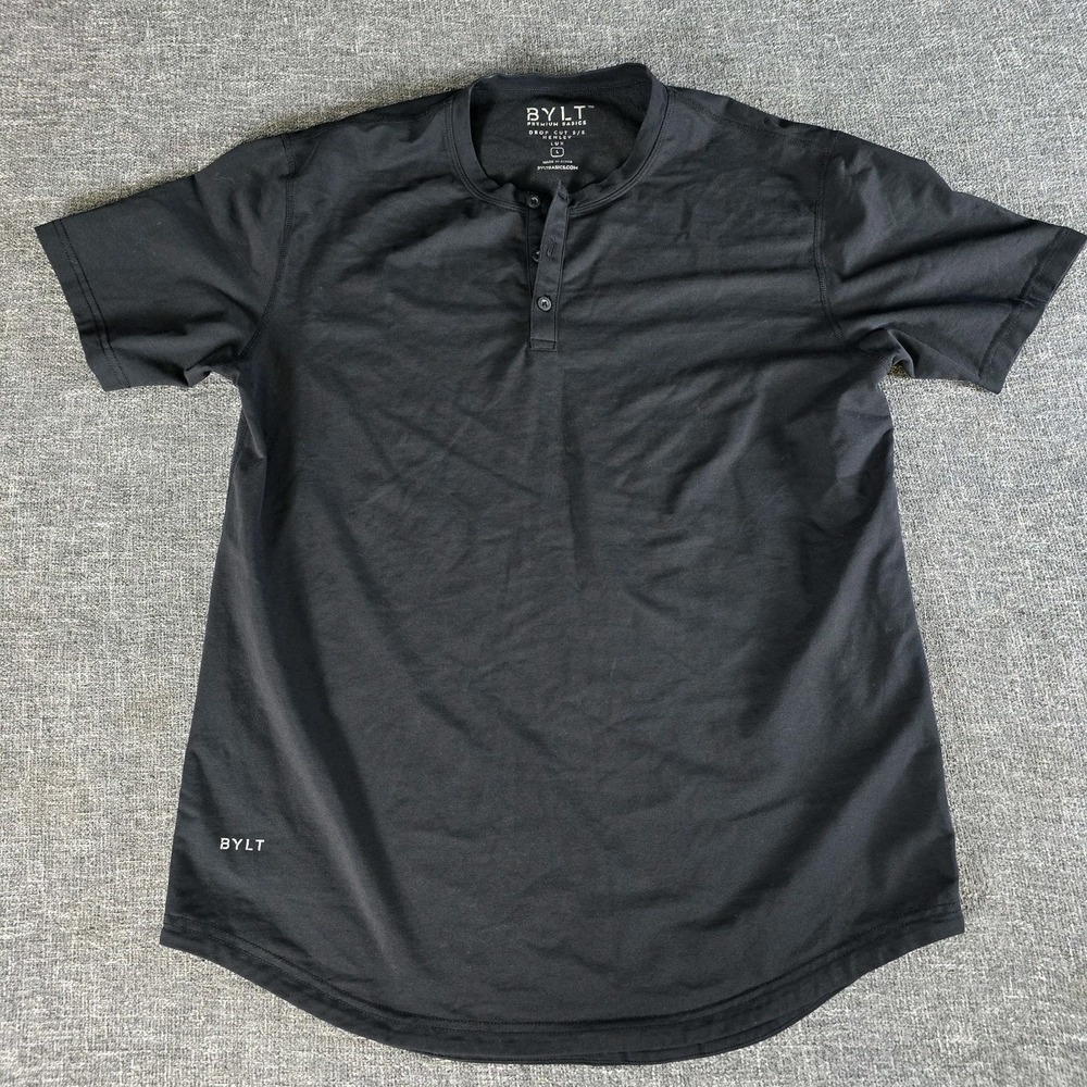 Bylt Drop Cut Henley Lux T-Shirt Mens L Short Sleeve Black
